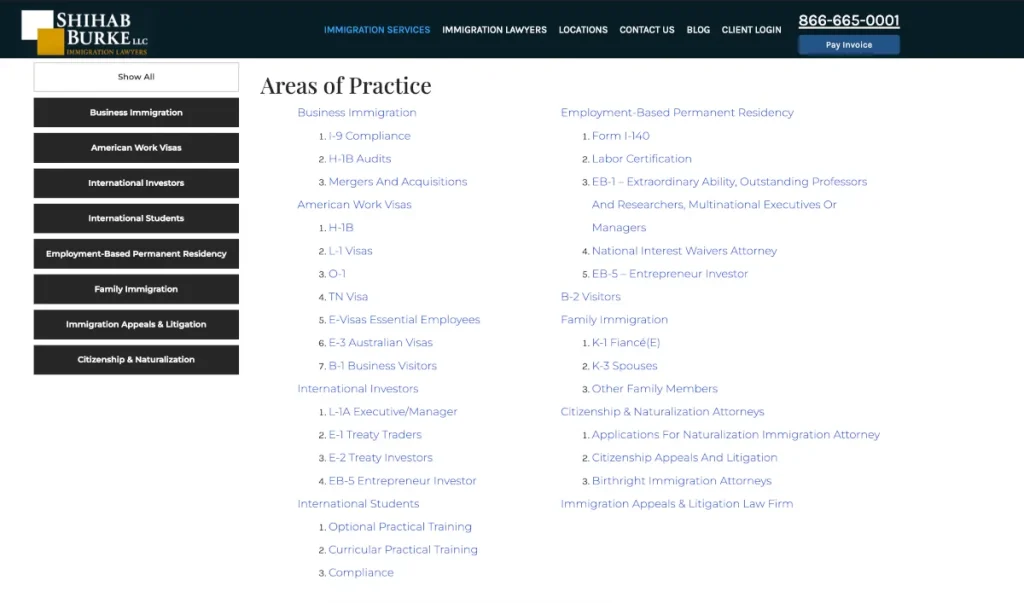 This is a screenshot of the https://immigrationvisaattorney.com/areas-of-practice/ page, with a list of services as links that the firm offers.